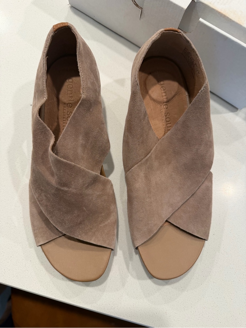 Women Sandals gentle souls Taupe Suede Crisscross Slide Sandals